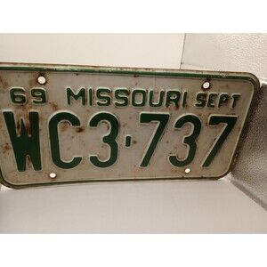Missouri 1969 Sept September License Plate WC3-737 Antique Vintage Man Cave Deco